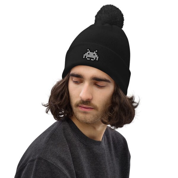 “The Space Invader” Pom pom Beanie - Black - Image 4