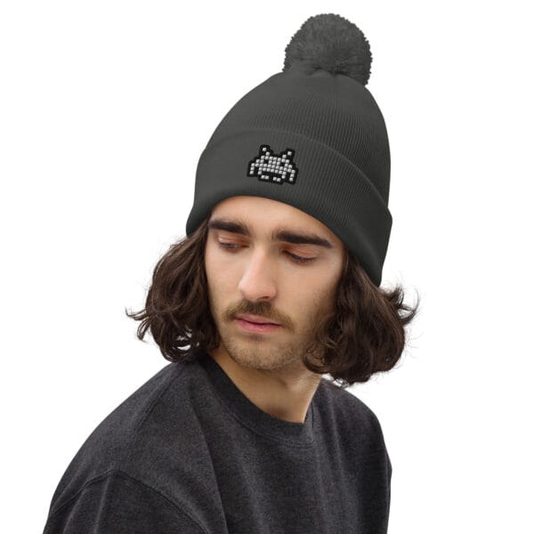 “The Space Invader” Pom pom Beanie - Grey - Image 4
